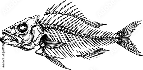 Detailed sketch of a fish skeleton with intricate bone structure, black and white. Vector illustration
