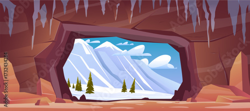 View from stone cave onto winter snow valley with pine trees and snowy covered mountains. Natural cavern entrance. Tunnel hole in rock. Grotto stonewall. Wild landscape. Vector background
