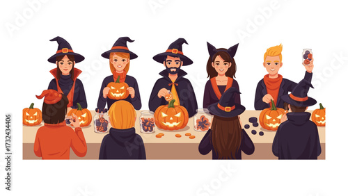 Halloween Pumpkin Carving Gathering: An illustration depicts a lively group of people engaged in the festive tradition of carving pumpkins. The scene captures the spirit of Halloween.