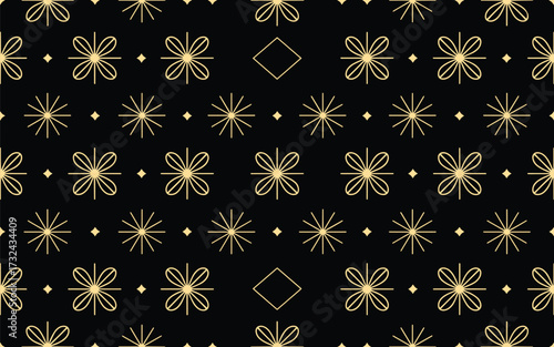 Flowers and geometric patterns align elegantly in a seamless, black background, creating an artistic texture