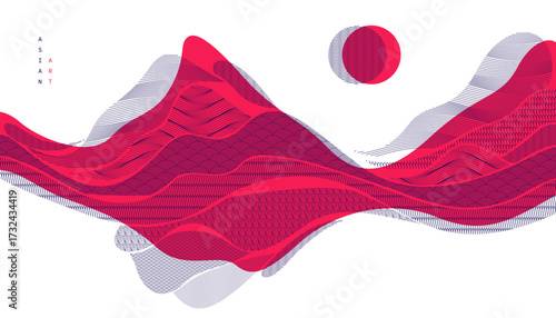 Oriental Japanese style vector abstract illustration in red color, background in Asian traditional style, wavy shapes and mountains terrain, runny like sea lines.
