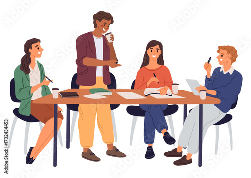 Team of young people girls or guys sitting around table discussing startup. Business communication. Businessmen discussion. Group of colleagues brainstorm. Vector concept of teamwork