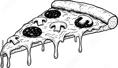 Black and white illustration of a dripping pizza slice with mushrooms and pepperoni. Vector illustration
