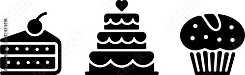 Sweet celebration icons featuring cake slices, tiered cake, and cupcake