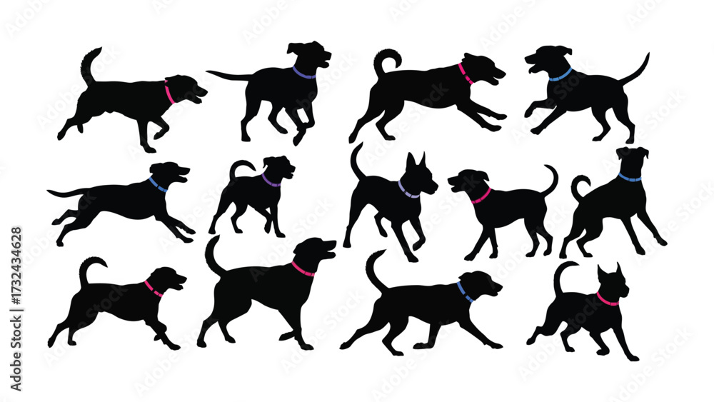 Obraz premium Dog Silhouette Variety: A collection of black dog silhouettes in various poses and activities, suitable for multiple design purposes.