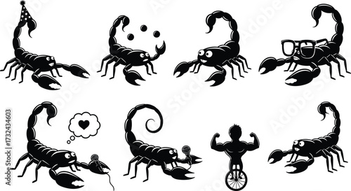 Funny scorpion illustration, cartoon scorpion art, anthropomorphic insect design, desert animal humor, vector drawing, surreal wildlife artwork, playful arachnid character