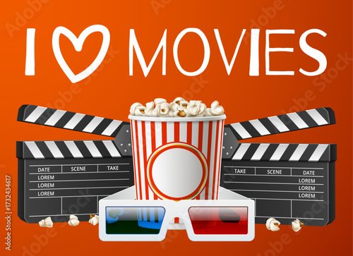 Realistic cardboard cinema popcorn bucket. 3D movie stereo glasses. Filmmaking clipboard. Cinematography entertainment show. Enjoy premiere video. Vector concept of loving to watch films