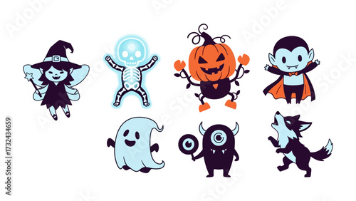 Spooky Characters: A collection of delightful spooky characters are arranged to form a cute and charming arrangement,perfect for Halloween season.