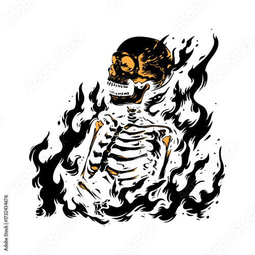 Skeleton engulfed in flames, a fiery illustration for Halloween or horror themes