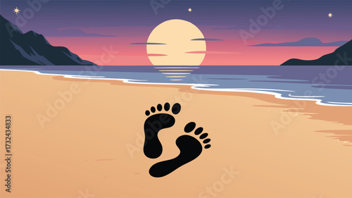 A serene pixel art sunset over a calm ocean with footprints on the sandy beach under a vibrant sky
