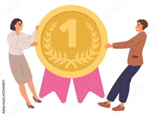 Male and female businessman compete for medal or award, business competition, men and women hold gold trophy coin with ribbon. Championship winner. Vector cartoon isolated illustration