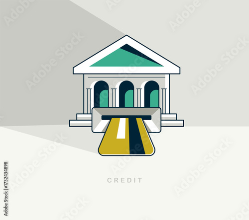 Credit concept poster, bank building with credit card vector icon style illustration, banking plastic card loan metaphor, e-banking transfer.