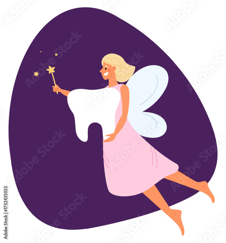 Little tooth fairy with wings in dress with magic wand in her hand. Magical girl flying. Imagination character. Adorable princess. Dental fairytale elf making charm spell. Vector concept
