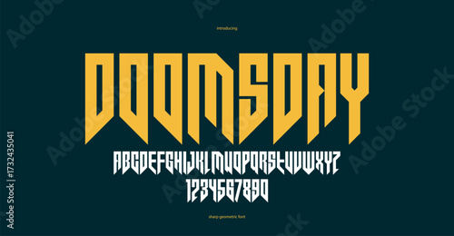 Sharp and bold vector display condensed font for logos, gothic or heavy metal style modern tall typeface, edgy hard rock letters and numbers alphabet for titles or slogans, heavy typography.