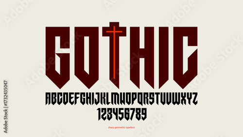 Sharp and bold vector display condensed font for logos, gothic or heavy metal style modern tall typeface, edgy hard rock letters and numbers alphabet for titles or slogans, heavy typography.