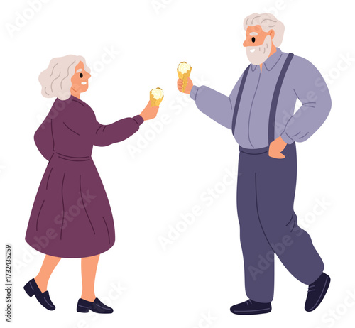 Happy grandparents holding waffle cone with ice cream. Grandma and grandpa eating sweet cold dessert. Elderly couple meeting. Senior people having fun or walking together. Vector concept