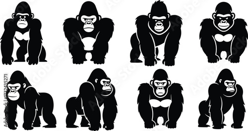 Gorilla silhouette collection, wildlife primate illustration, black gorilla artwork, strong animal vector, muscular ape design, decorative jungle creature graphic