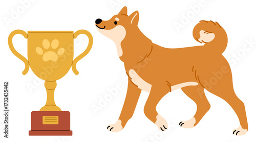 Dog next to trophy golden cup, award in pet competition. Winning purebred animal, friendly happy leadership character win first place. Achievement goal. Vector cartoon isolated illustration