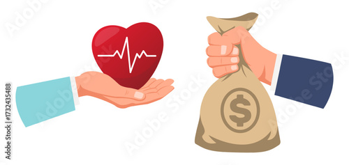 Doctors hand with heart and businessman with bag of money, concept of work health balance. Choose between finance and healthy life. Giving gesture. Vector cartoon isolated illustration