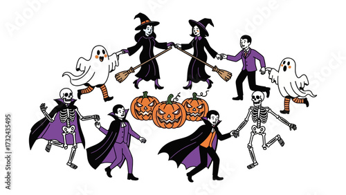 Halloween Revelry: A circle of spooky figures including ghosts, skeletons, vampires, and witches merrily dance around carved pumpkins, evoking the spirit of Halloween. 