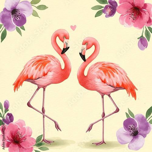 Watercolor Flamingos and Flowers on a Soft Yellow Background