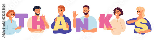 Cheerful young men and women hold up letters spelling out word thanks, people express their gratitude. Thankfulness person concept. Happy teamwork. Vector cartoon isolated illustration