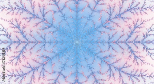 Symmetrical abstract pattern resembling frost on a window pane with soft pastel blue and pink hues in a snowflake design