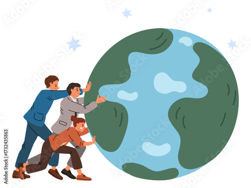Businesspeople drive world forward. Men and women participate in development of global processes. Group of tiny people pushing with efforts big Earth planet together. Vector concept
