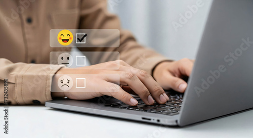 Customer Satisfaction Survey Person using laptop to rate experience with happy emoji and checkmark representing positive feedback and successful service