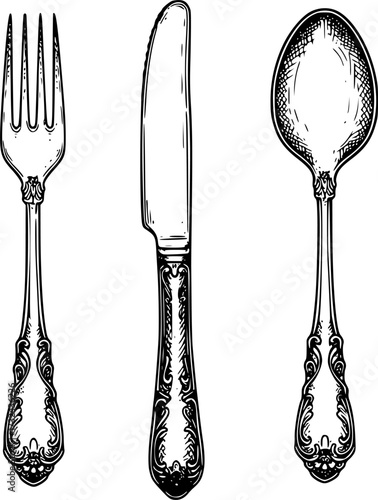 Vintage black and white sketch of fork, knife, and spoon utensils. Vector illustration
