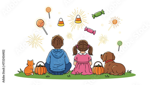 A Halloween Spectacle: Two young children and their pets gaze in wonder at the colorful explosion of Halloween candy fireworks in this photorealistic illustration.