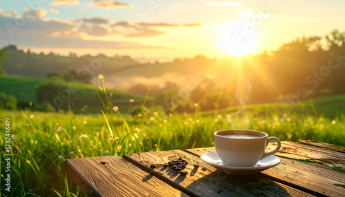 A peaceful morning landscape with warm sunlight, fresh green grass, coffee on a woodenA peaceful morning landscape with warm sunlight, fresh green grass, coffee on a wooden