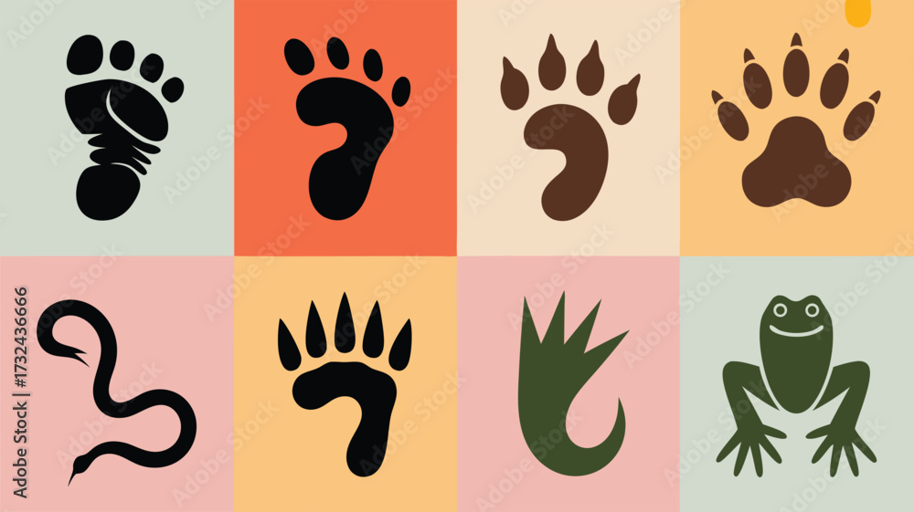 Fototapeta premium A Vibrant Collage Featuring Diverse Animal Tracks and Silhouettes Showcasing Nature's Wild Footprints and Creatures From Around the World