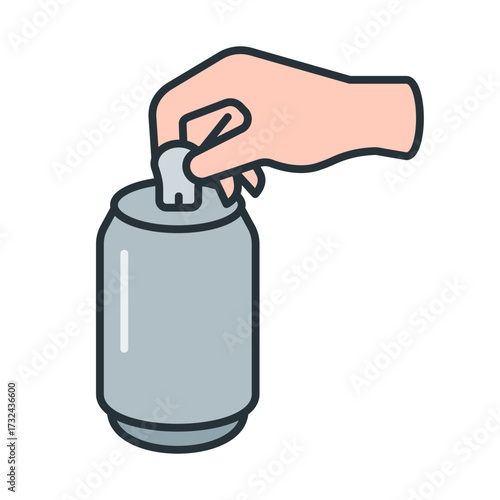 Hand opening soda can icon, refreshing drink, flat color style
