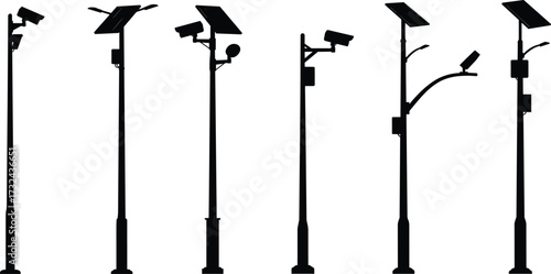 Modern streetlight poles with surveillance cameras, solar powered security systems, smart urban infrastructure, sustainable city lighting, advanced technology street monitoring design