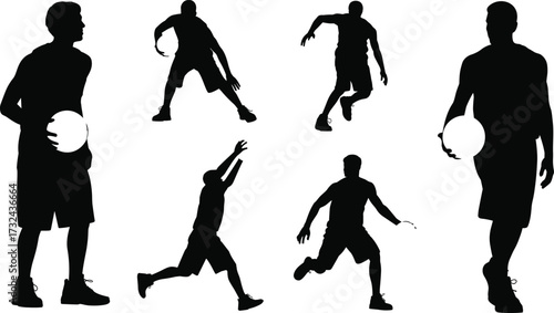 Basketball silhouette, player action, dribbling, shooting, jumping, running, black figure, sports pose, athletic motion, dynamic movement, training, isolated, white ball