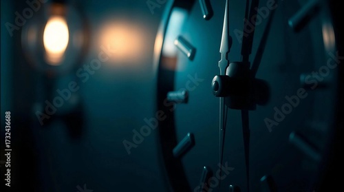 Close up of the clock hands on the wall. Dark theme.