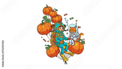 Fantasy Pumpkin Adventure: An illustration of a person, costumed as a deep sea diver, alongside a space cat, floating among a cluster of pumpkins, creating a whimsical and surreal atmosphere.