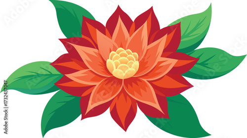 Vibrant red lotus flower with green leaves illustration
