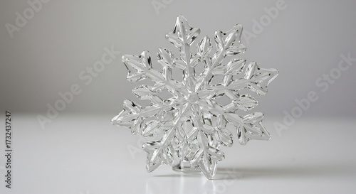 Copo de nieve decorativo transparente facetado refleja luz suave en ambiente invernal minimalista brillante.