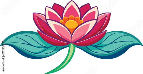 Vibrant pink lotus flower with green leaves isolated on white background
