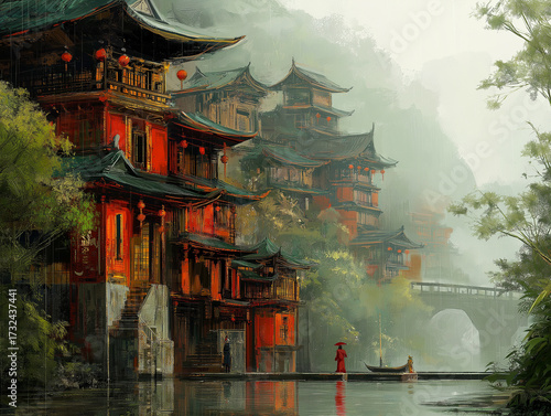 Traditional Asian Riverside Village With Red Pagoda Houses And Misty Mountains: A Serene Scene Of Ancient Architecture Reflected In Calm Waters Creating A Peaceful And Timeless Atmosphere