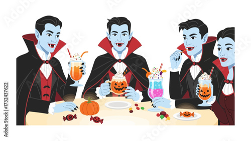 Halloween Gathering: Four figures dressed as vampires gather around a table, enjoying themed beverages and candies in a cartoonish depiction of the season.