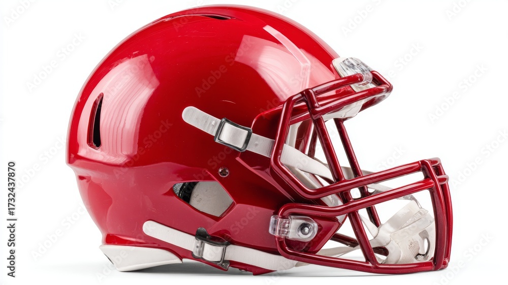 Fototapeta premium Red american football helmet isolated on white background with detailed protective sports equipment design and clipping path for training practice and game concept