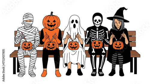 Spooky Gathering: A whimsical Halloween illustration captures five costumed figures sitting together on a wooden bench. Each character, adorned in a unique costume, holds a carved pumpkin.