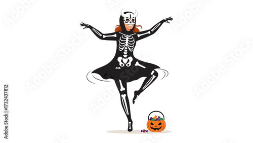 Ethereal Halloween Ballerina: A graceful ballerina, adorned in a captivating skeleton costume, delicately balances in mid-air, her every movement echoing the enchantment of Halloween.