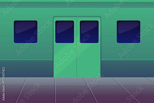 High speed metro train view of the door, cartoon green railway train on the station, vector flat public subway transport