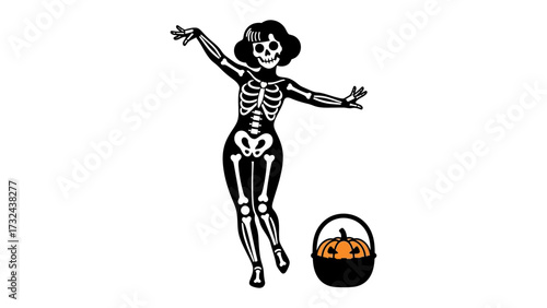 Dancing Skeleton: A whimsical illustration of a skeleton adorned in vintage attire joyfully dances, clutching a decorative pumpkin basket. Perfect for spooky season. 