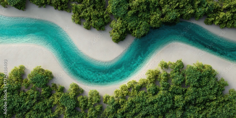 Fototapeta premium Serene winding river through lush greenery in a tropical setting