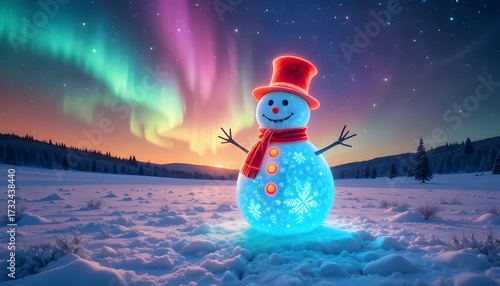 A cheerful snowman outlined in neon glow, wearing a bright hat and scarf, standing in a snowy field under a sky full of sparkling stars and colorful aurora lights. 2026

